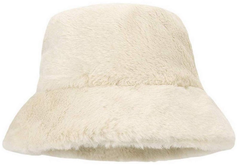Brcus Women Winter Plush Bucket Hat Warm Solid Color Faux Fur Fisherman Cap White - Image 1